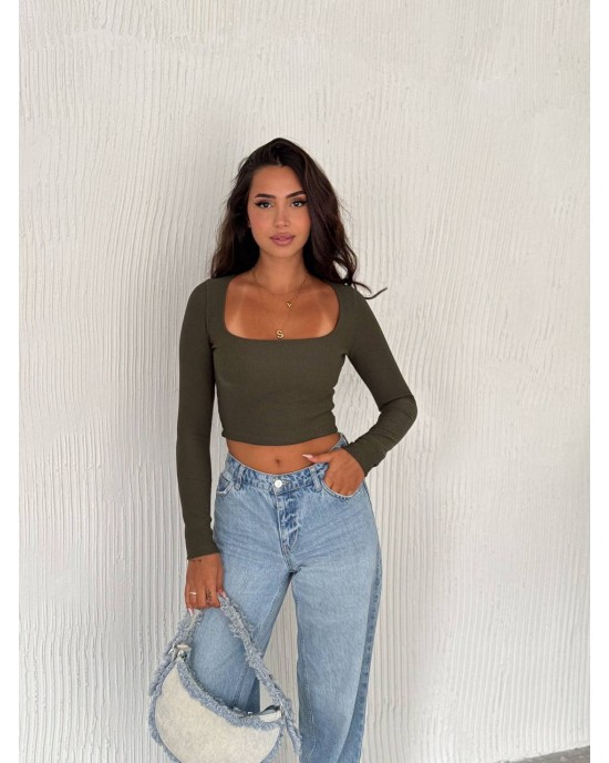 Γυναικείο Crop Top Μακρυμάνικο Χακί - 099