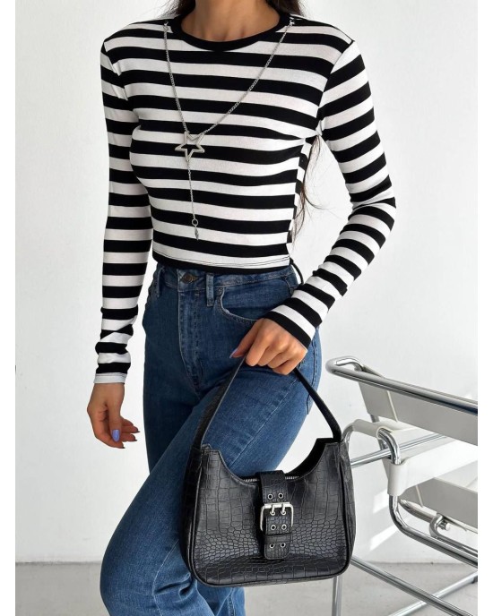 Γυναικείο Crop Top Ριγέ Ασπρόμαυρο - 100