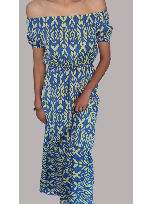 Γυναικείο Καλοκαιρινό Φόρεμα Off-Shoulder με Έθνικ Μοτίβο – Μπλε/Κίτρινο-237