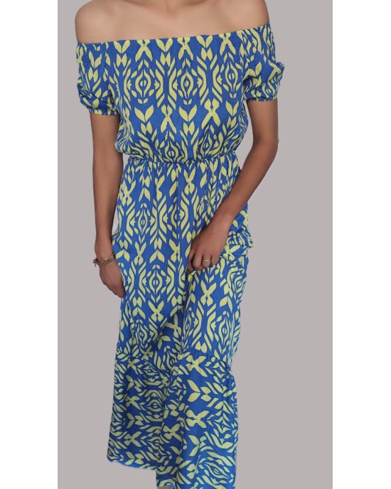 Γυναικείο Καλοκαιρινό Φόρεμα Off-Shoulder με Έθνικ Μοτίβο – Μπλε/Κίτρινο-237