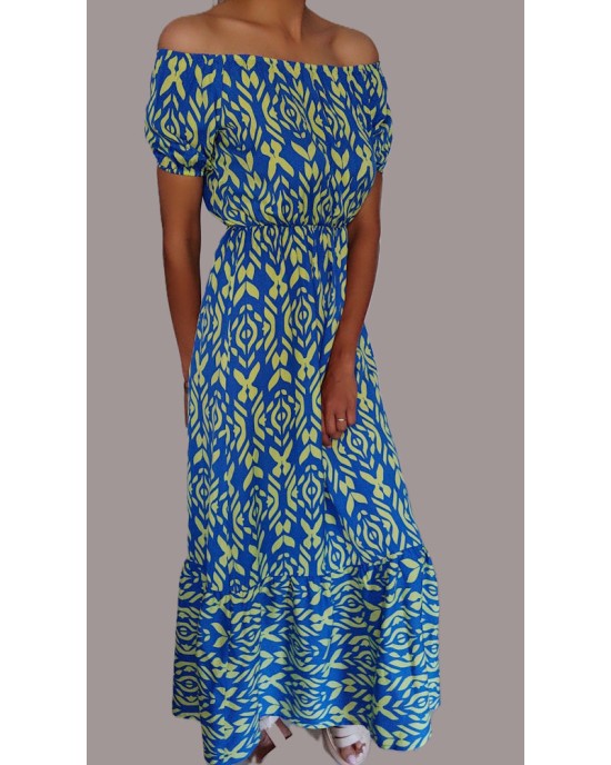 Γυναικείο Καλοκαιρινό Φόρεμα Off-Shoulder με Έθνικ Μοτίβο – Μπλε/Κίτρινο-237