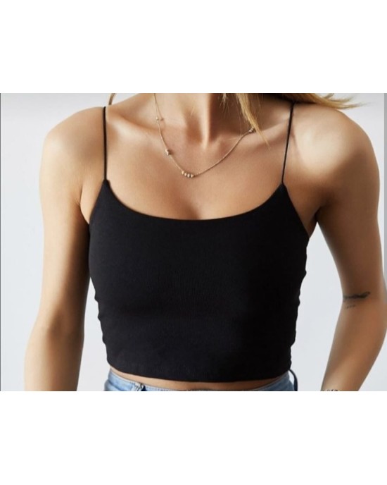 Μαύρο Ριμπ Crop Top με Λεπτές Ράντες-242