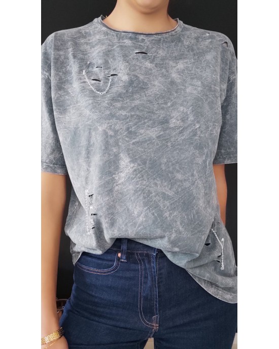 T-shirt με Σκισίματα & Αλυσίδα – Γκρι & Ροζ-193