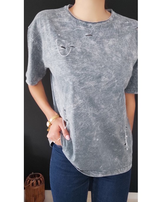 T-shirt με Σκισίματα & Αλυσίδα – Γκρι & Ροζ-193