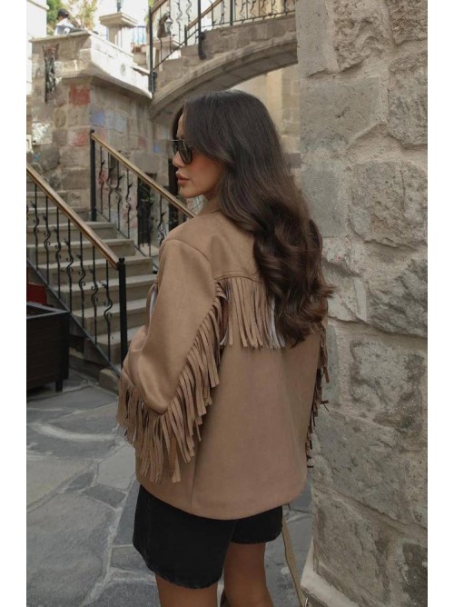 Jacket με Κρόσσια Suede – Μπεζ- 327