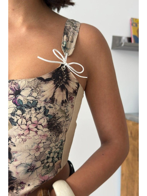 Floral Corset Top με Λουλουδάτο Print & Δεσίματα- 418