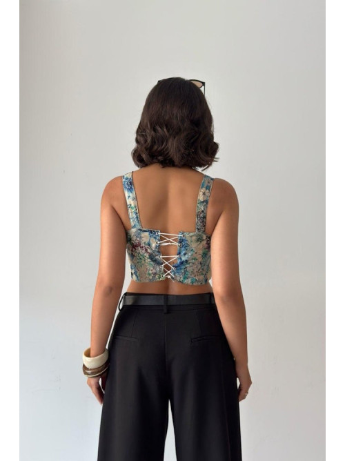 Blue Floral Corset Top με Λουλουδάτο Print & Δεσίματα- 419