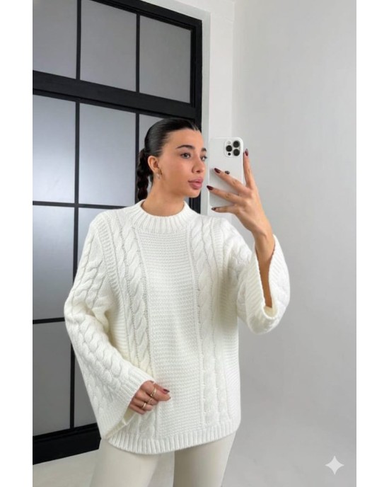 Άσπρο Πλεκτό Πουλόβερ με Πλεξούδες – Oversized Fit- 363