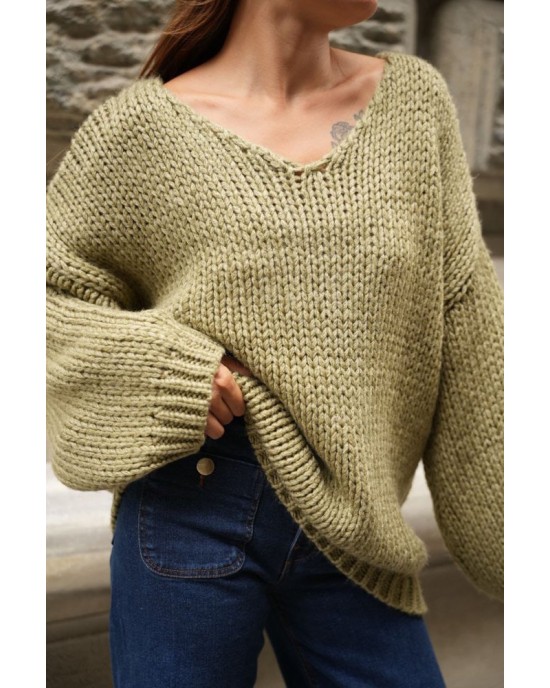 Λαδί Πλεκτό Πουλόβερ με V Λαιμόκοψη – Oversized Fit- 360