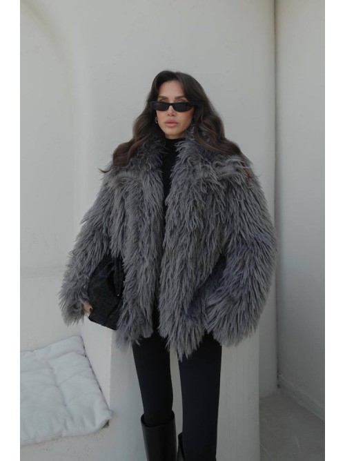 Γκρι Oversized Παλτό από Οικολογική Γούνα- 374