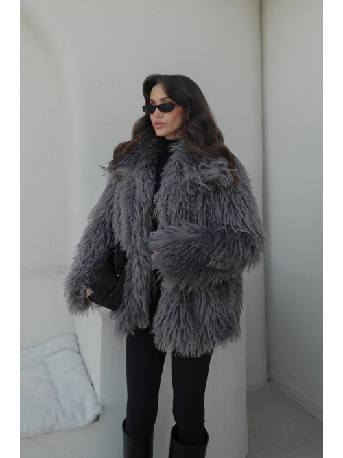 Γκρι Oversized Παλτό από Οικολογική Γούνα- 374