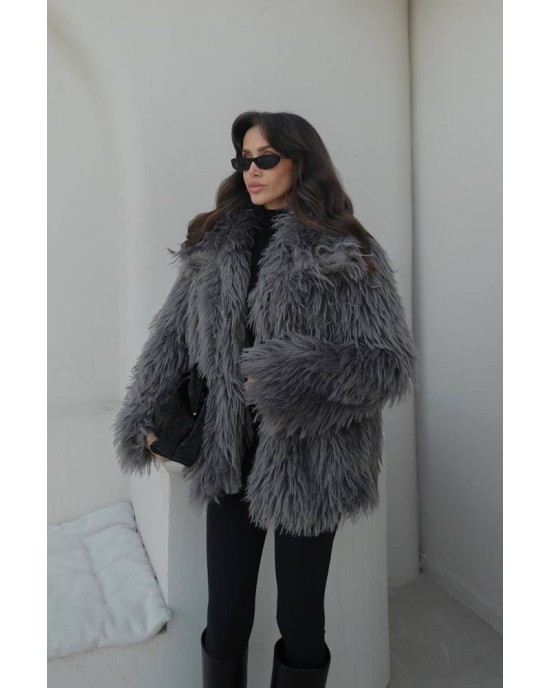 Γκρι Oversized Παλτό από Οικολογική Γούνα- 374