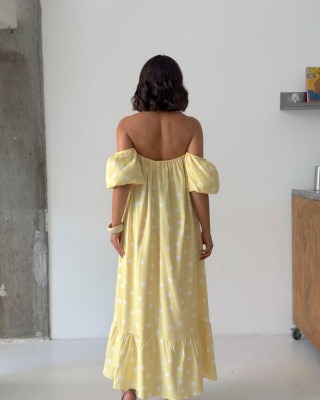 Midi Φόρεμα Πουά με Off Shoulder Μανίκια- 420