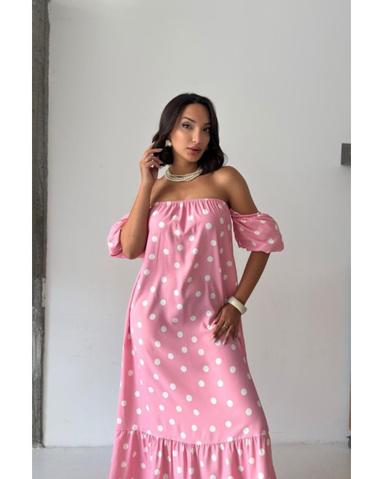 Ροζ Midi Φόρεμα Πουά με Off Shoulder Μανίκια- 421