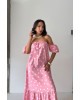 Ροζ Midi Φόρεμα Πουά με Off Shoulder Μανίκια- 421