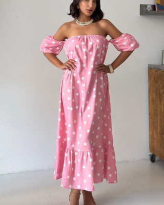 Ροζ Midi Φόρεμα Πουά με Off Shoulder Μανίκια- 421