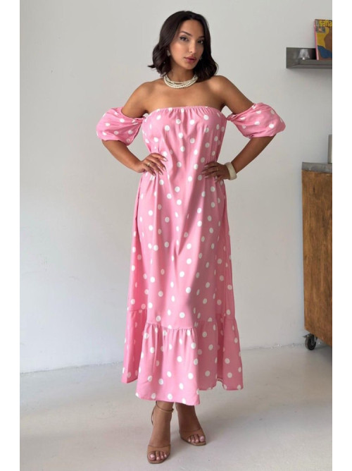 Ροζ Midi Φόρεμα Πουά με Off Shoulder Μανίκια- 421