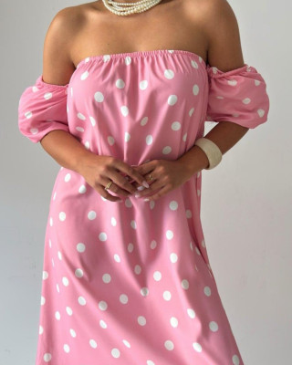 Ροζ Midi Φόρεμα Πουά με Off Shoulder Μανίκια- 421