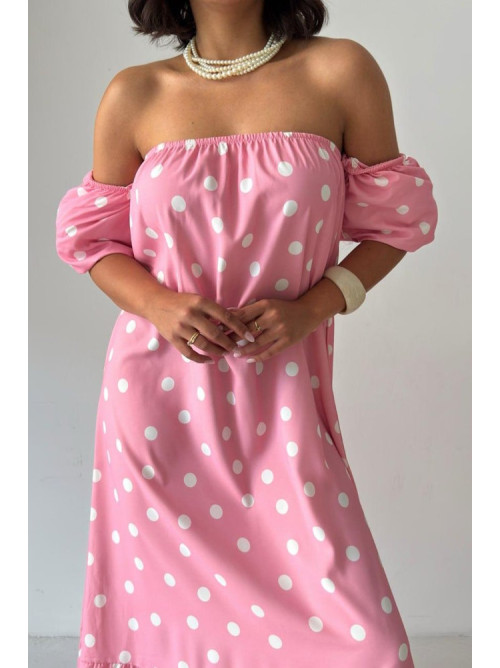Ροζ Midi Φόρεμα Πουά με Off Shoulder Μανίκια- 421
