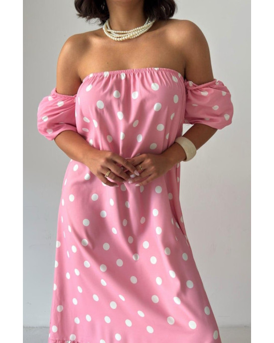 Ροζ Midi Φόρεμα Πουά με Off Shoulder Μανίκια- 421