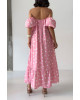 Ροζ Midi Φόρεμα Πουά με Off Shoulder Μανίκια- 421