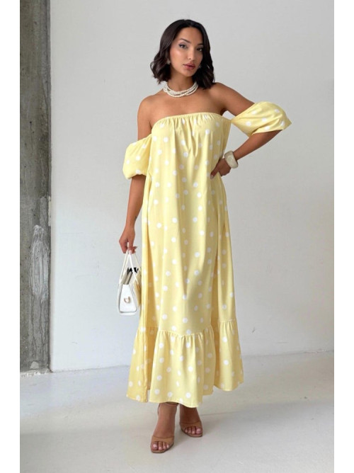 Midi Φόρεμα Πουά με Off Shoulder Μανίκια- 420