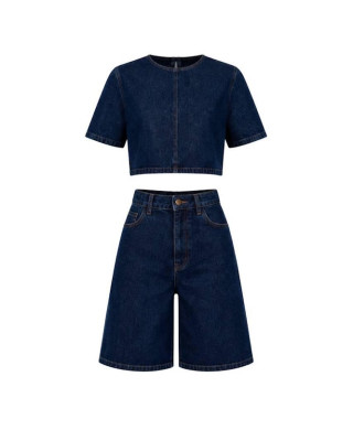 Denim Σετ με Cropped Top & Bermuda Σορτς- 422
