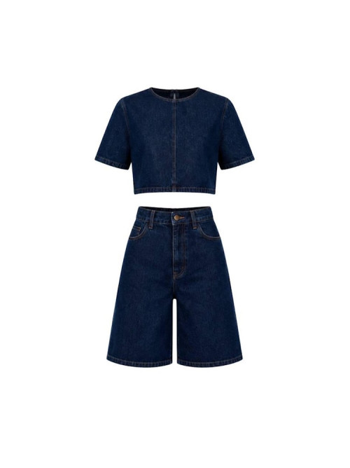 Denim Σετ με Cropped Top & Bermuda Σορτς- 422