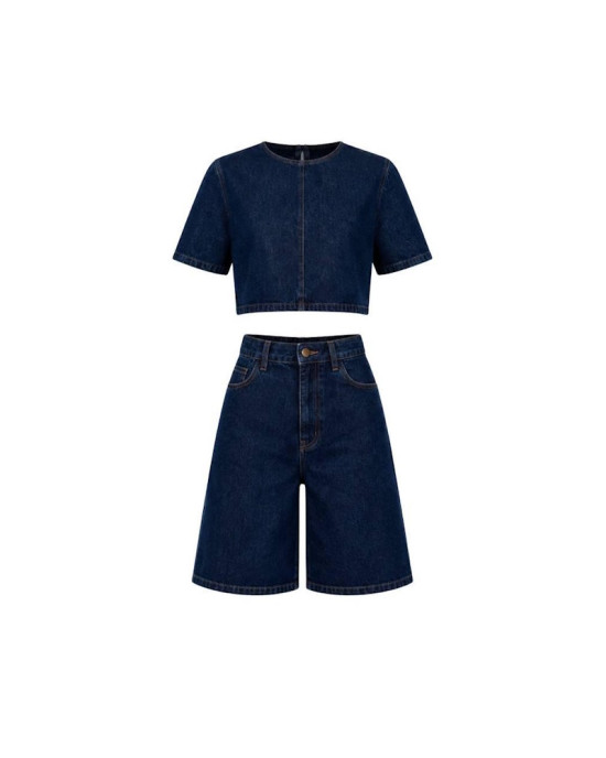 Denim Σετ με Cropped Top & Bermuda Σορτς- 422