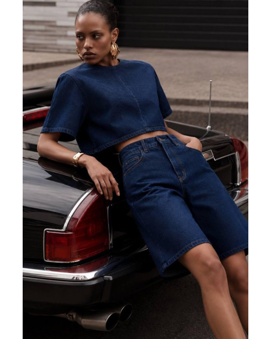 Denim Σετ με Cropped Top & Bermuda Σορτς- 422