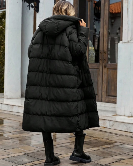 Μαύρο Μακρύ Puffer Μπουφάν με Εντυπωσιακή Γραμμή- 318