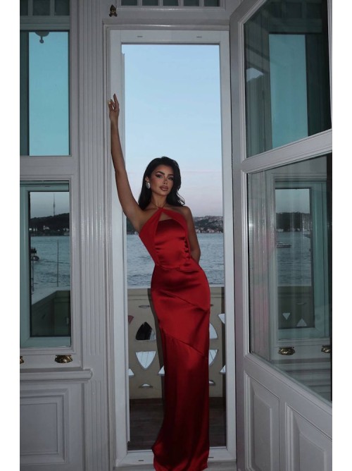Red Satin Halter Gown- 336