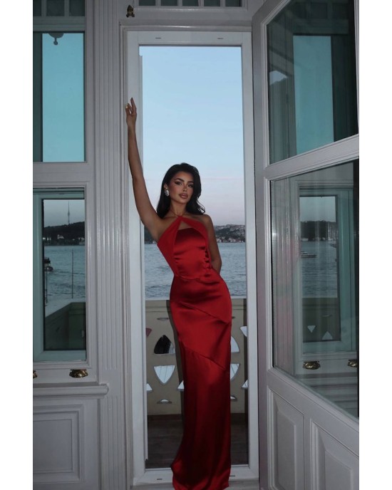 Red Satin Halter Gown- 336