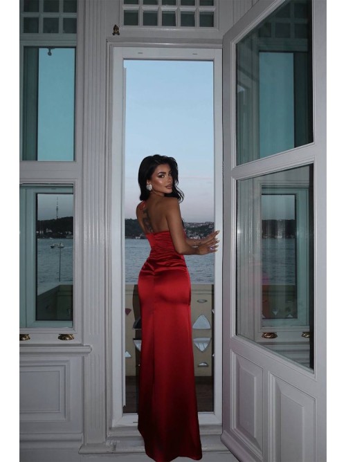 Red Satin Halter Gown- 336