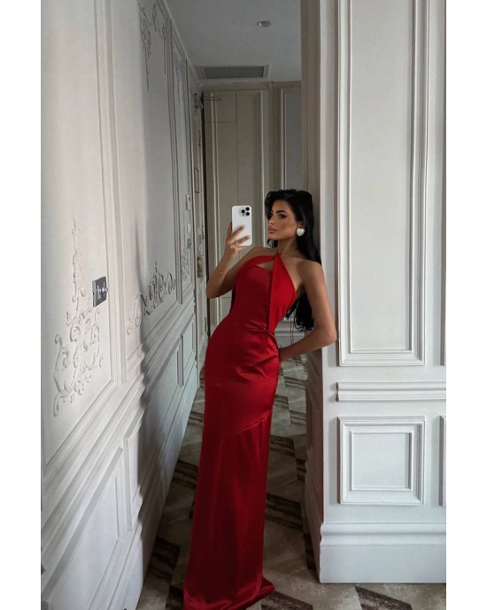 Red Satin Halter Gown- 336