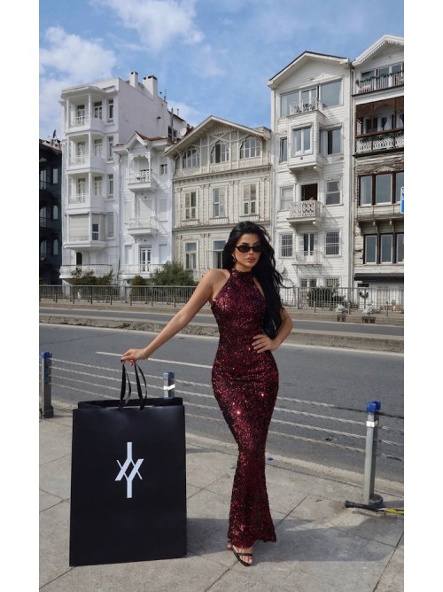 Merlot Sparkle Maxi Dress – Λαμπερό Μaxi Φόρεμα Παγιέτας- 339