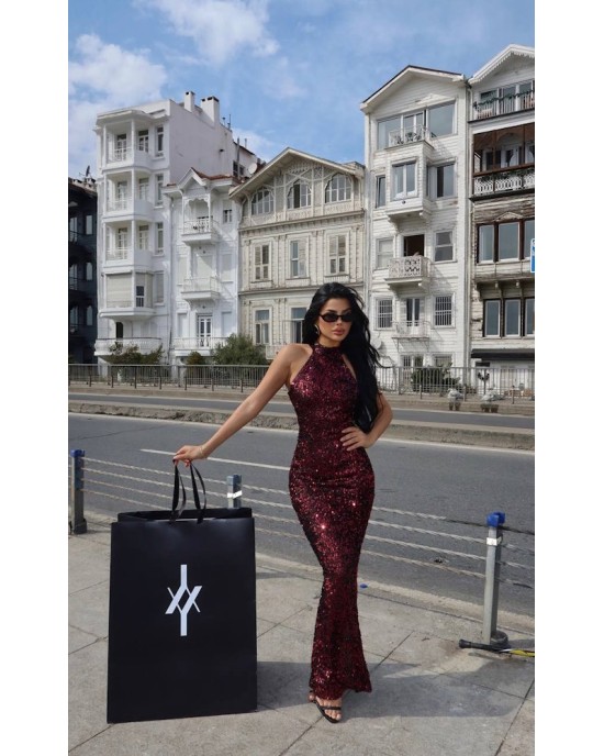 Merlot Sparkle Maxi Dress – Λαμπερό Μaxi Φόρεμα Παγιέτας- 339