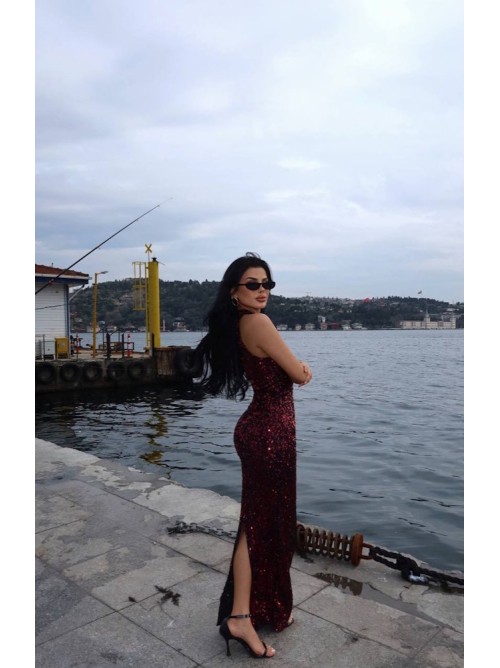 Merlot Sparkle Maxi Dress – Λαμπερό Μaxi Φόρεμα Παγιέτας- 339