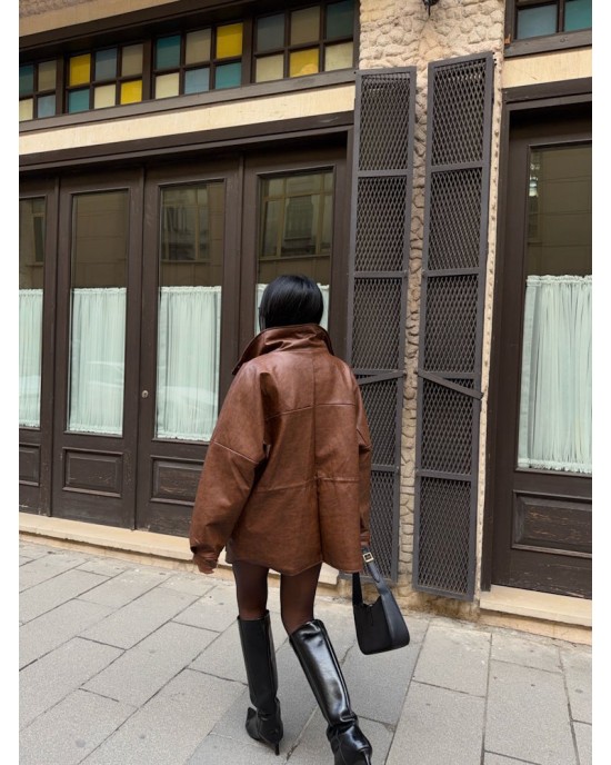 Oversized Καφέ Δερμάτινο Jacket με Ψηλό Γιακά- 382