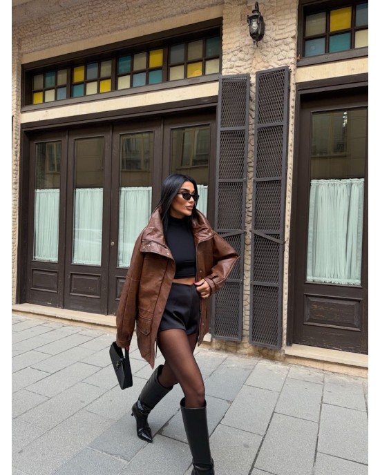 Oversized Καφέ Δερμάτινο Jacket με Ψηλό Γιακά- 382