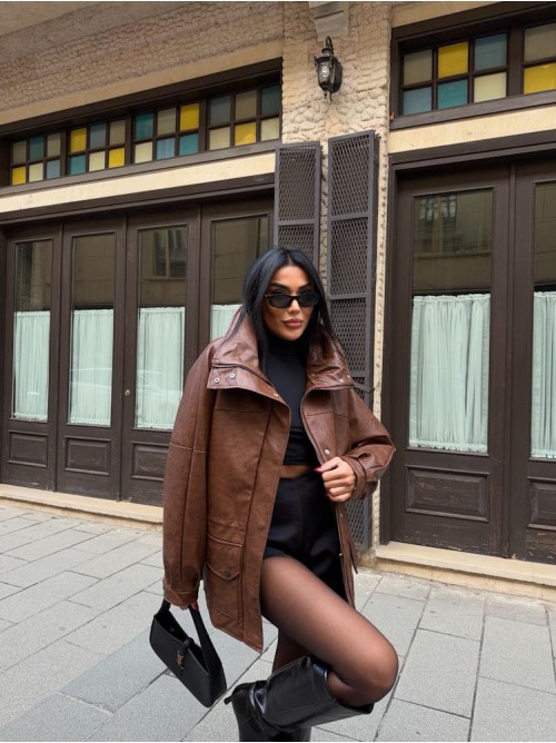 Oversized Καφέ Δερμάτινο Jacket με Ψηλό Γιακά- 382