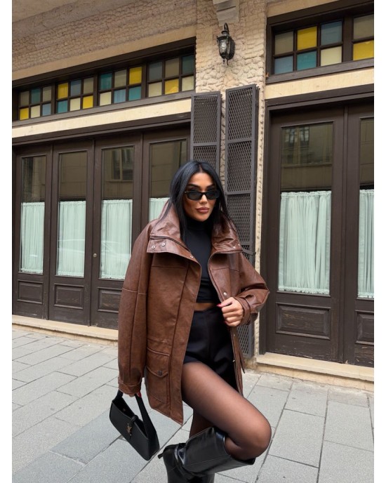 Oversized Καφέ Δερμάτινο Jacket με Ψηλό Γιακά- 382