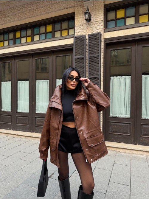 Oversized Καφέ Δερμάτινο Jacket με Ψηλό Γιακά- 382