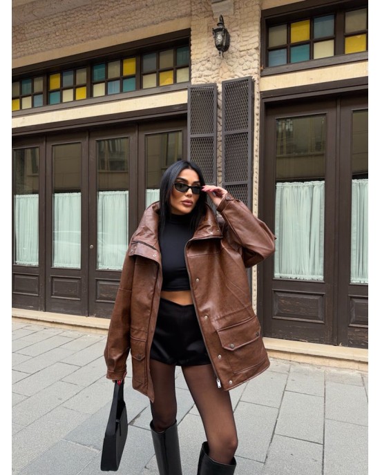 Oversized Καφέ Δερμάτινο Jacket με Ψηλό Γιακά- 382