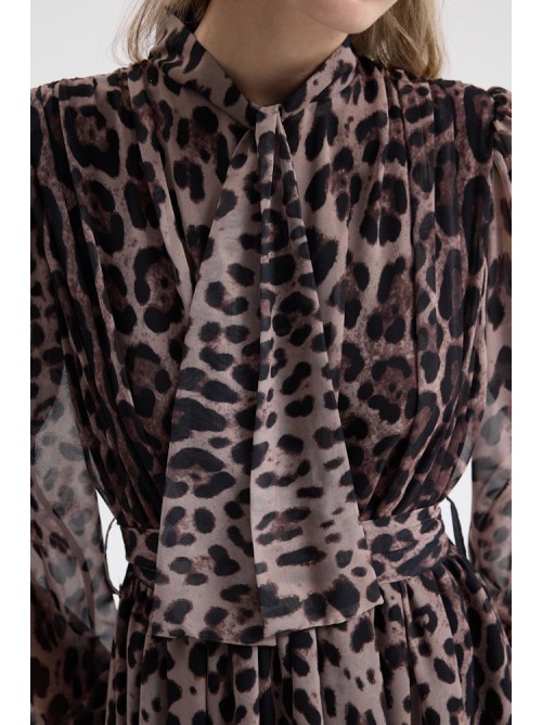 Mini Φόρεμα Leopard με Μακριά Διάφανα Μανίκια και Ζώνη- 378