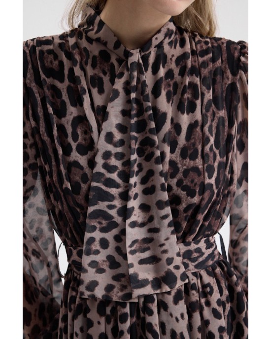 Mini Φόρεμα Leopard με Μακριά Διάφανα Μανίκια και Ζώνη- 378