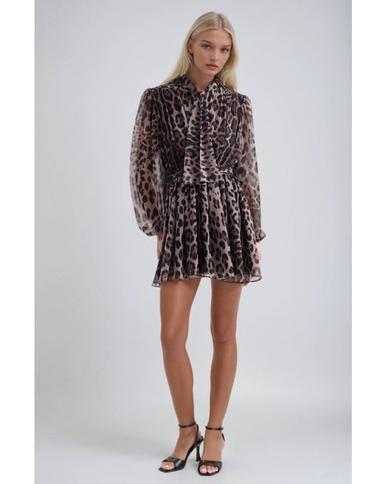 Mini Φόρεμα Leopard με Μακριά Διάφανα Μανίκια και Ζώνη- 378