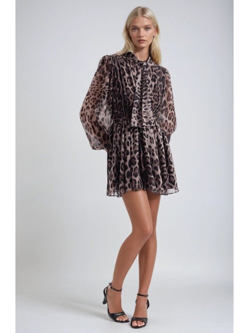 Mini Φόρεμα Leopard με Μακριά Διάφανα Μανίκια και Ζώνη- 378