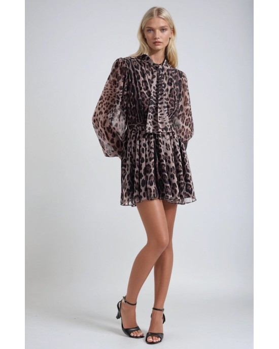 Mini Φόρεμα Leopard με Μακριά Διάφανα Μανίκια και Ζώνη- 378