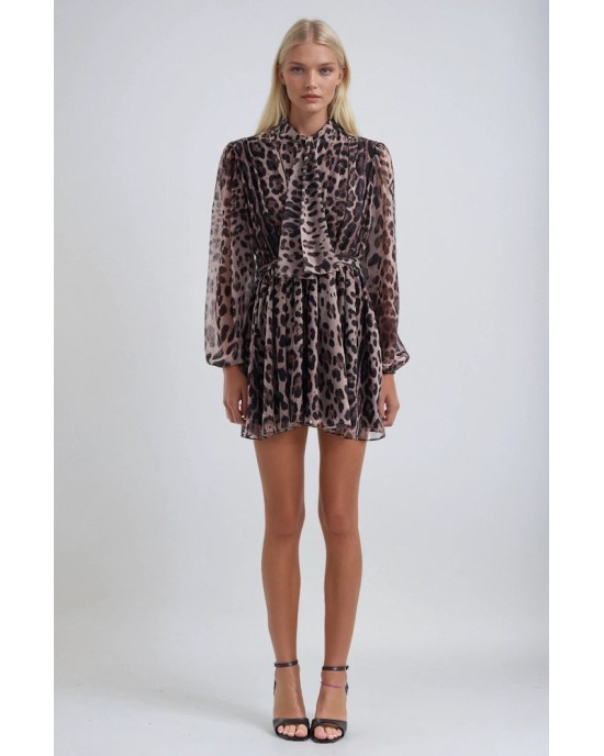 Mini Φόρεμα Leopard με Μακριά Διάφανα Μανίκια και Ζώνη- 378